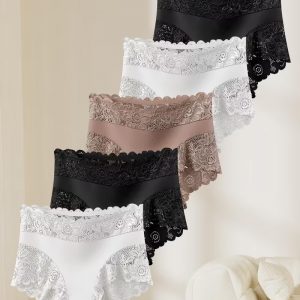5 Pack Women'S Elegant Lace Trim Mid-Rise Panties
